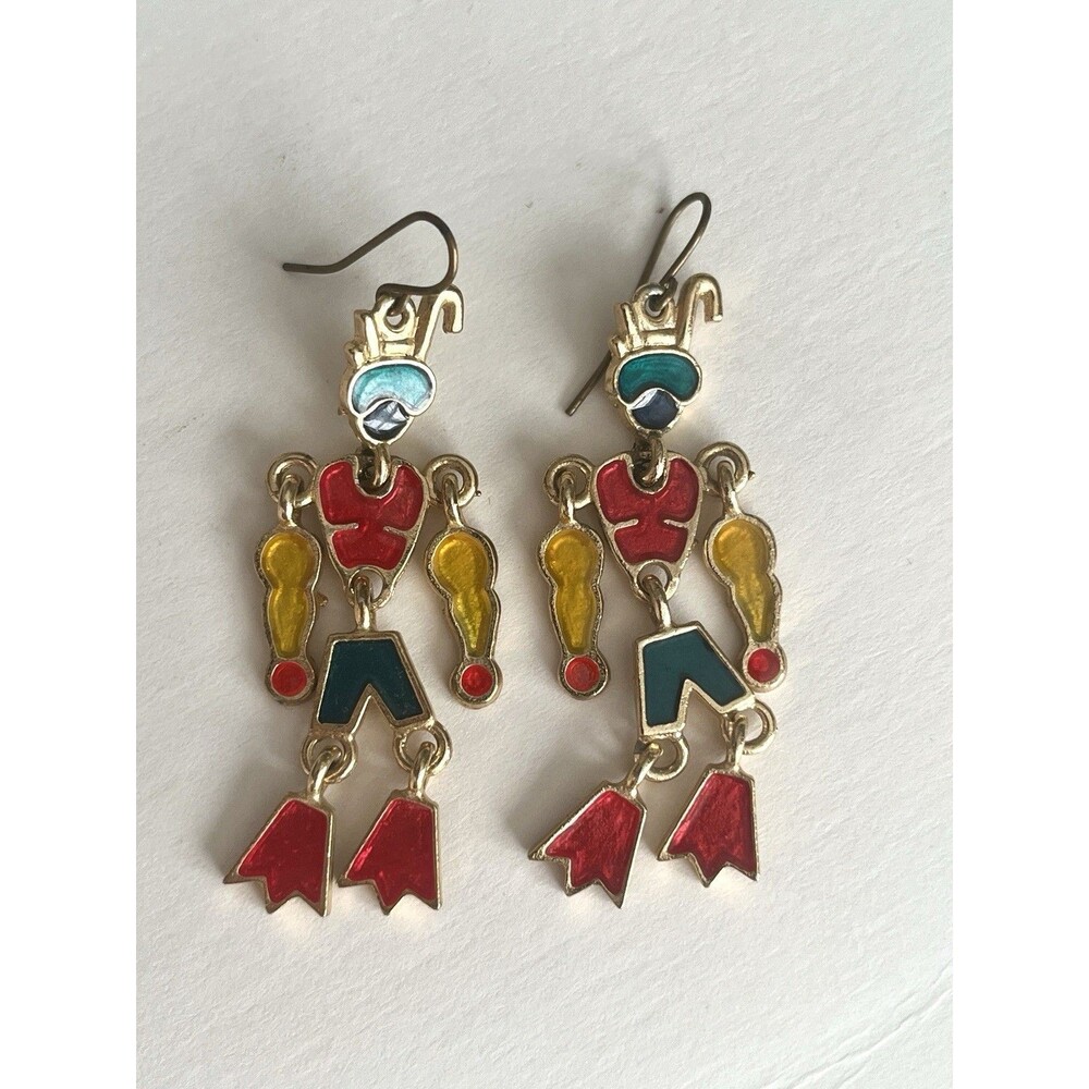 Vtg Enamel Articulated Diver Earrings Dangle Gold Tone Edgar Berebi 1980’s